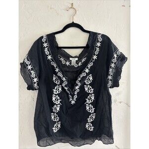 Cache embroidered blouse black silk blend Blouse size Large
